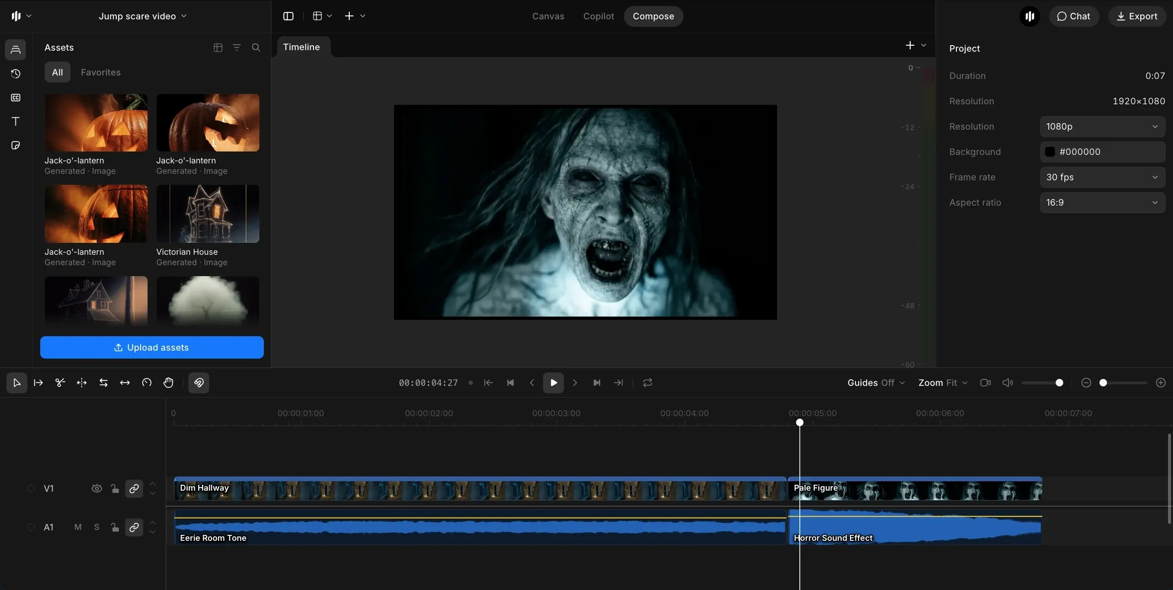 Morphic Compose timeline for a jump scare: the dim hallway build cuts to the pale figure at 4.8 seconds, with room tone under the build and the stinger starting on the cut