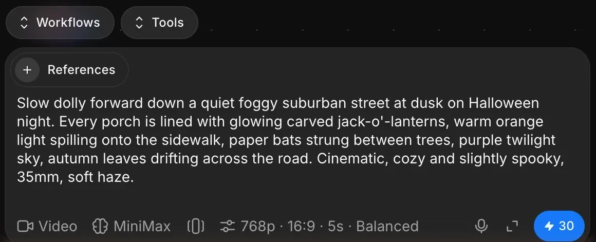 Morphic prompt bar with a Halloween street prompt typed in and the settings set to 768p, 16:9, 5 seconds