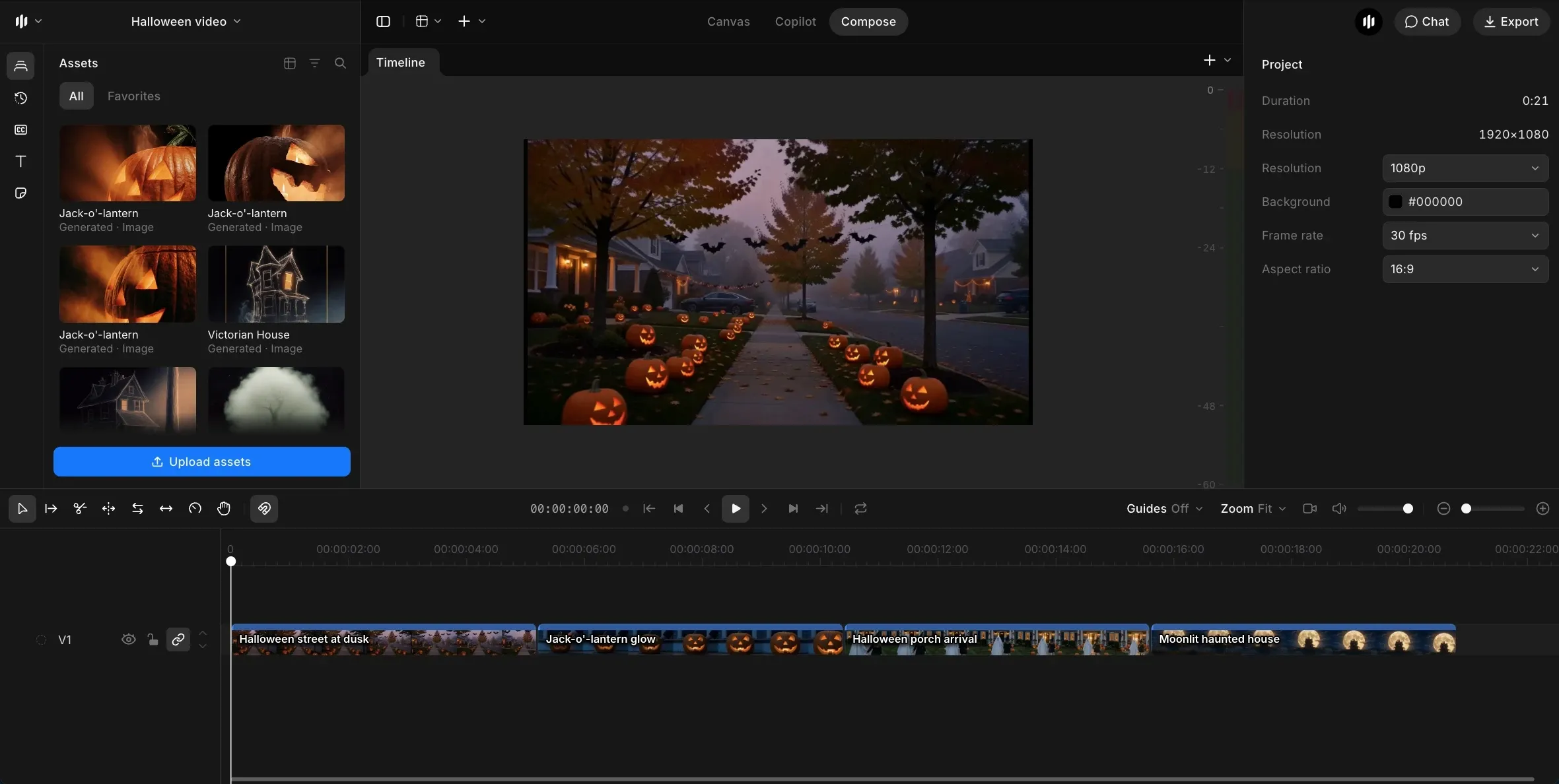 Morphic Compose timeline with four Halloween clips placed back to back and the first shot in the preview