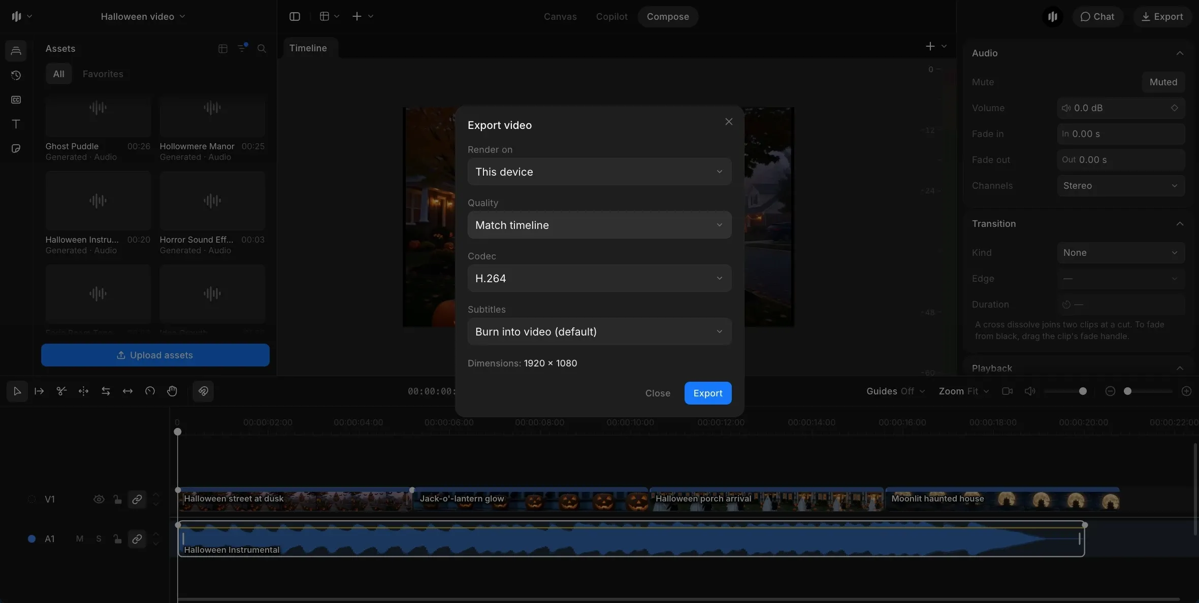 Morphic Compose Export video dialog with render on this device, quality matched to the timeline, H.264 codec and 1920 by 1080 dimensions