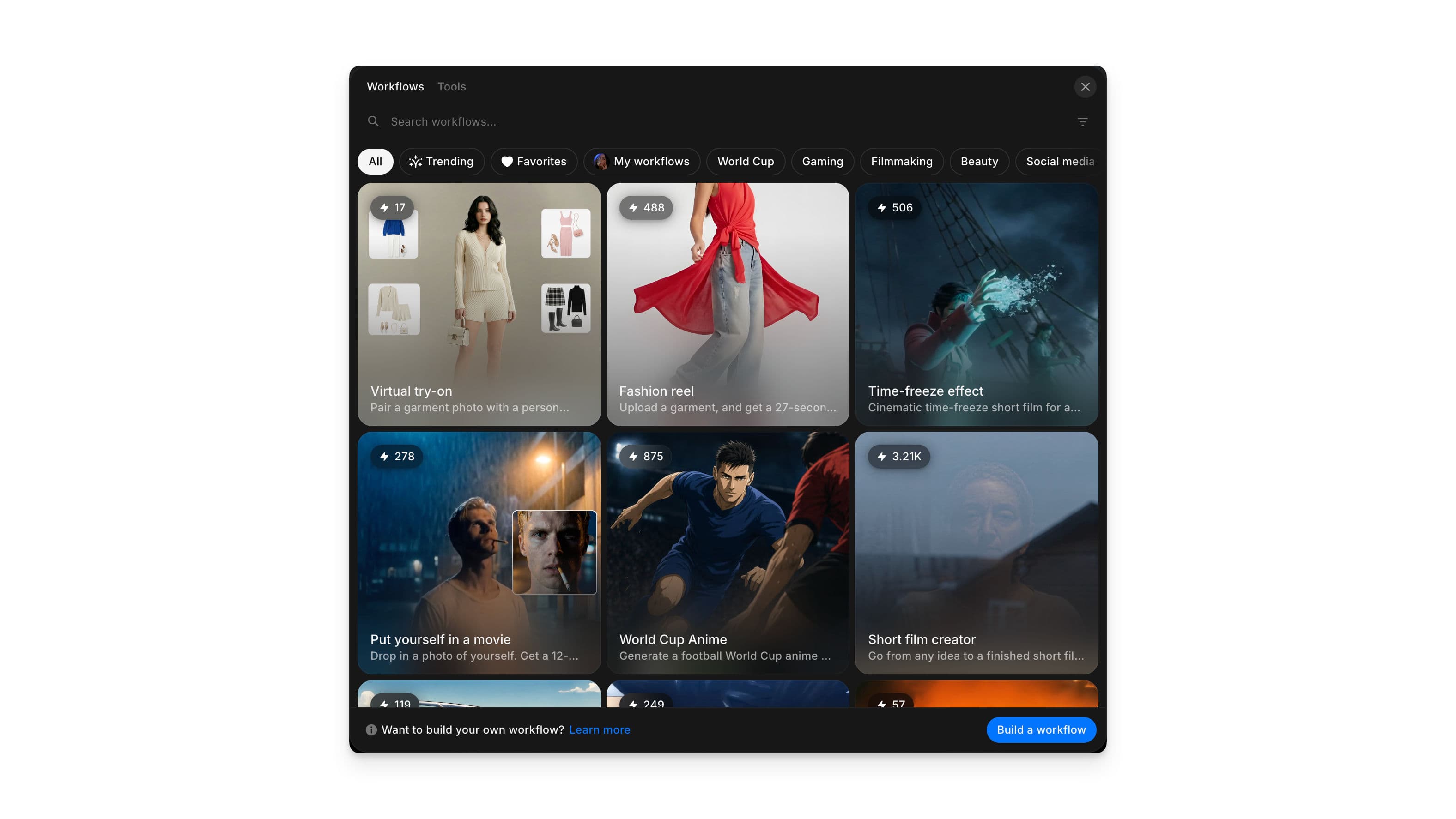 The Morphic Workflows library showing ready-made workflows like virtual try-on, time-freeze effect, and short film creator