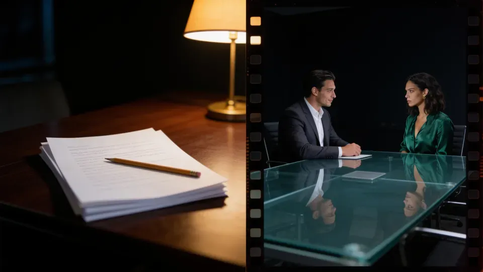 Script pages under a desk lamp beside a printed frame of a boardroom scene
