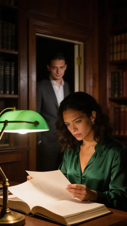 The lead in an emerald blouse reads a document under a green desk lamp while a man in a charcoal suit watches from the doorway