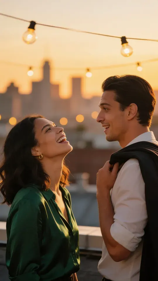 The lead in emerald laughs with a man in shirtsleeves on a city rooftop at dusk