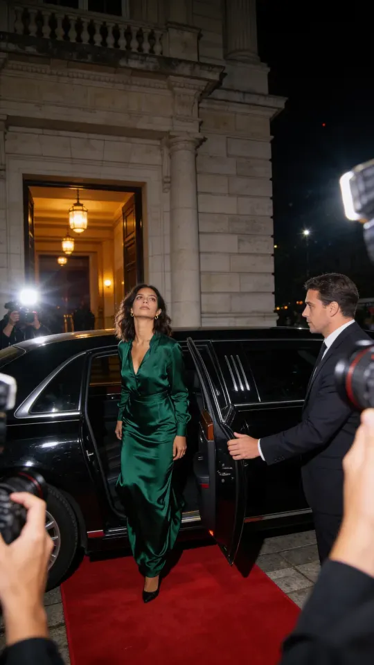 The lead in an emerald gown steps out of a black car onto a red carpet as cameras flash