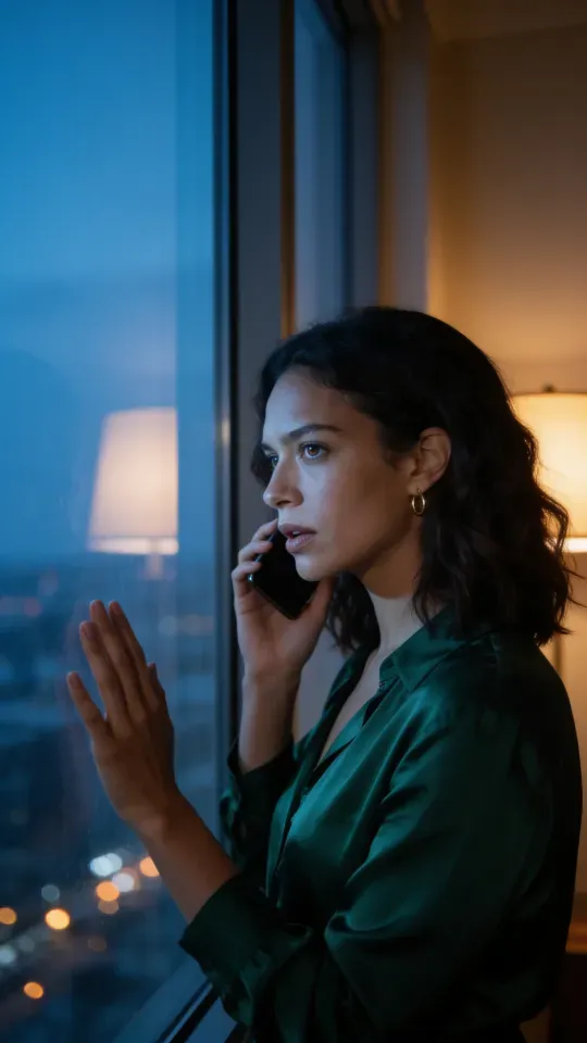 The lead in emerald speaks on the phone by a tall window at blue hour