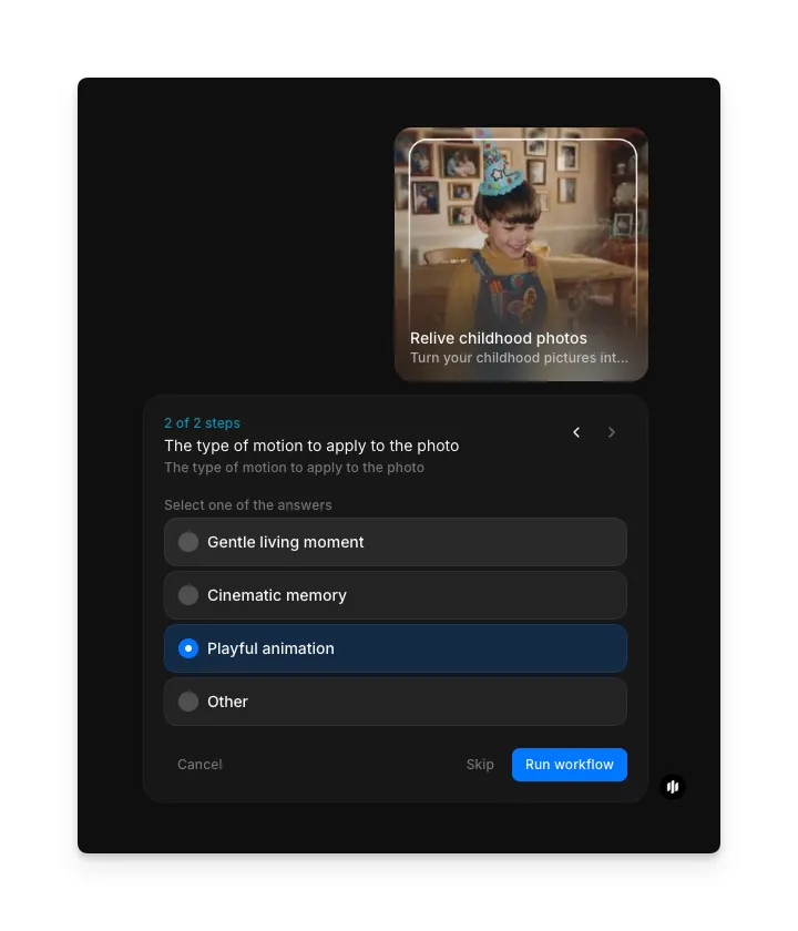 Motion type selection showing radio buttons for Gentle living moment, Cinematic memory, Playful animation, and Other with a Run workflow button
