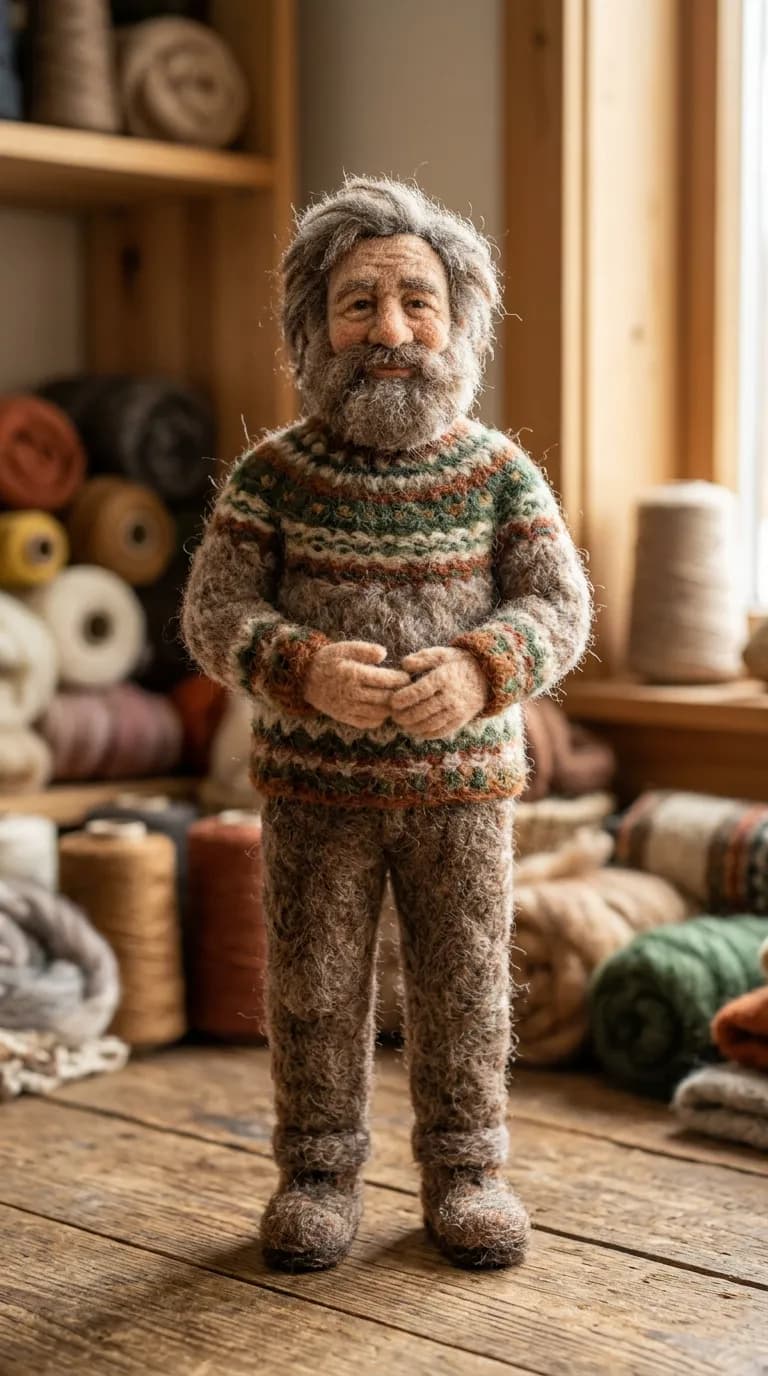 A felt wool figure of a bearded man in a knitted sweater standing in a yarn workshop, in portrait orientation