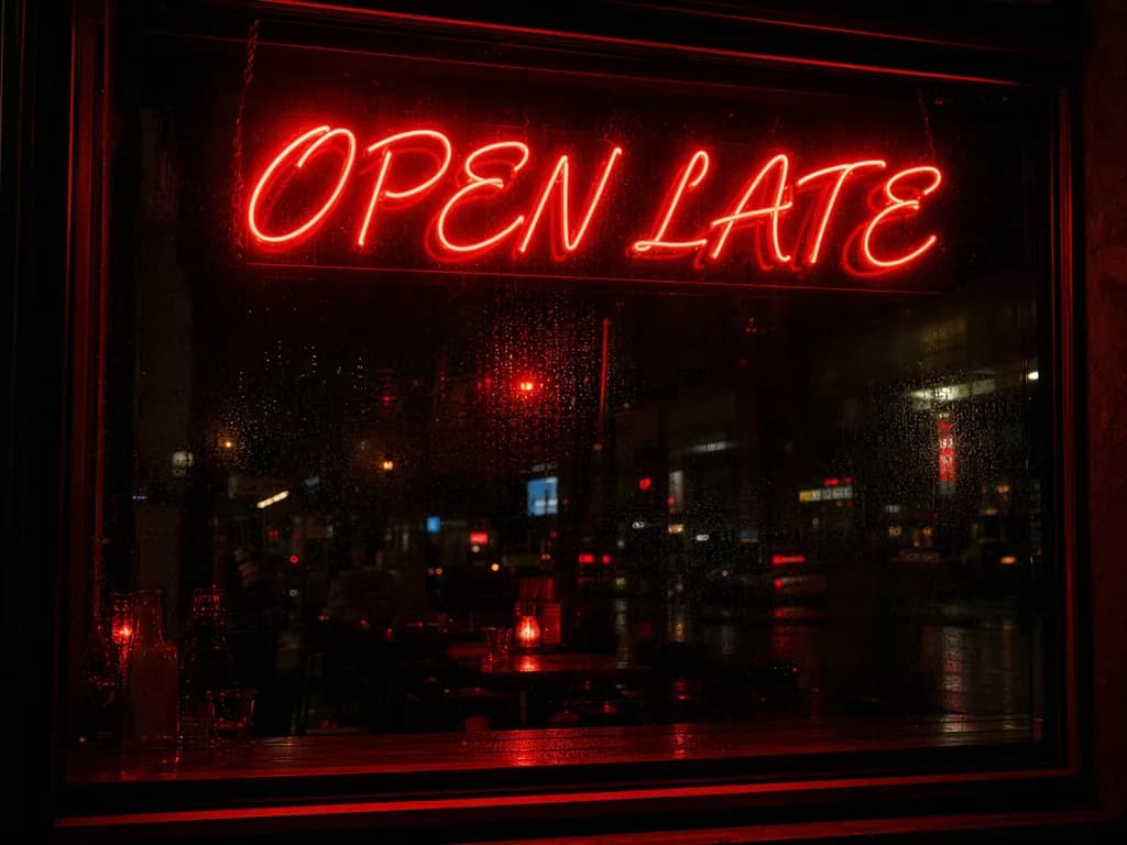 Glowing red neon sign reading OPEN LATE above a window in cursive lettering