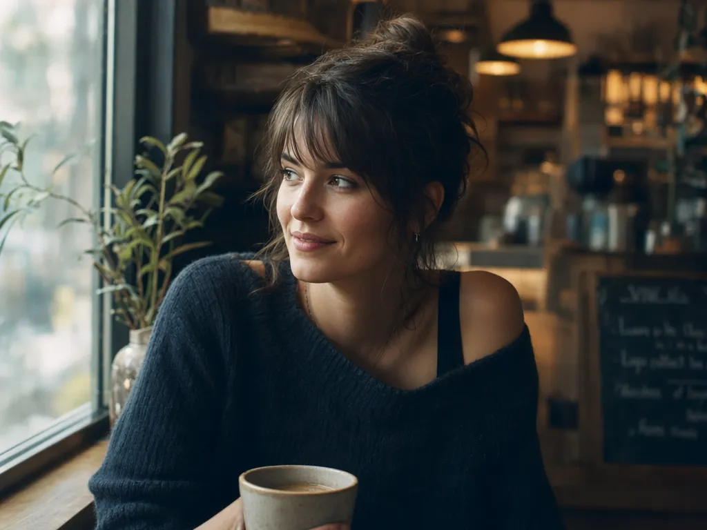 Portrait of a woman by a cafe window with soft natural daylight and warm tungsten fill