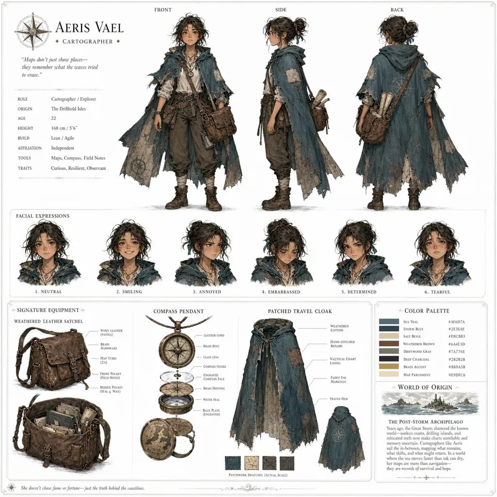 Cartographer character reference sheet generated with ChatGPT Images 2.0