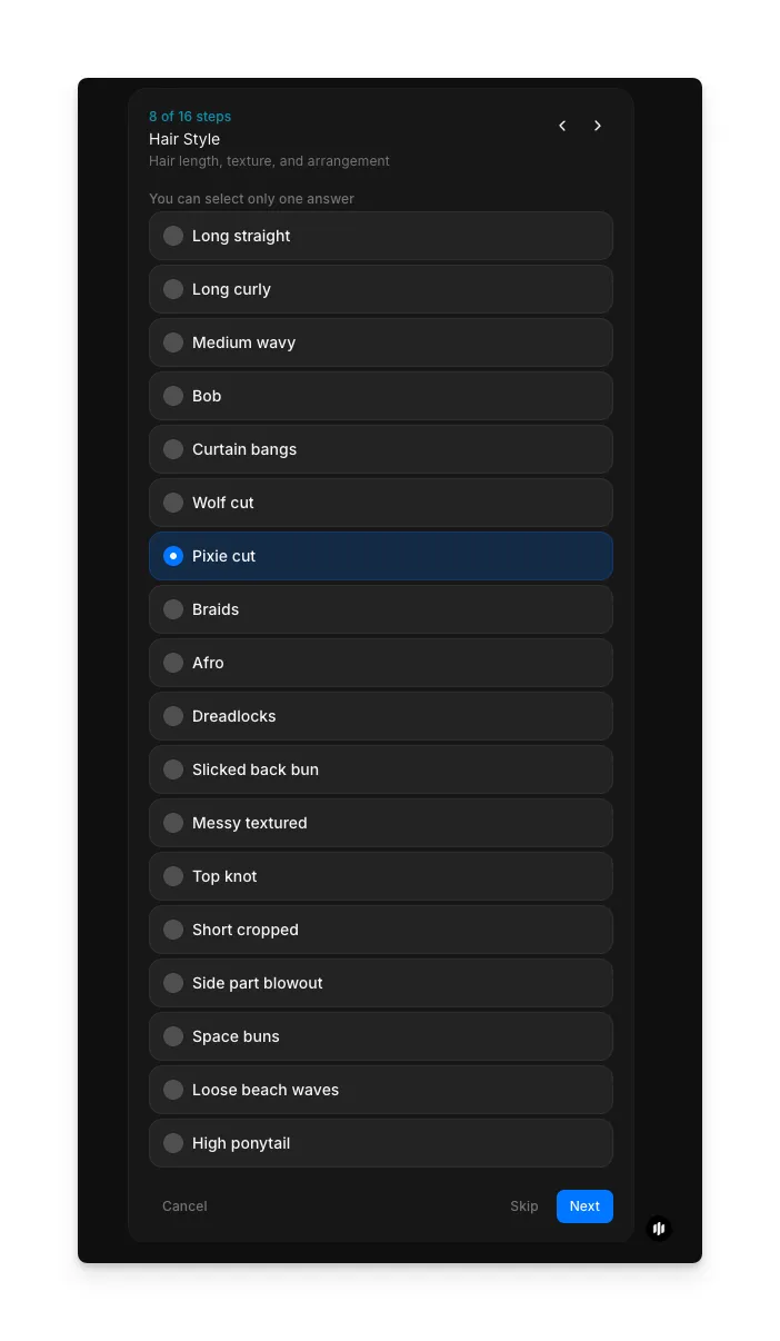Hair Style selection showing an extensive list of radio buttons including Long straight, Long curly, Medium wavy, Bob, Pixie cut, Braids, Afro, and many more options