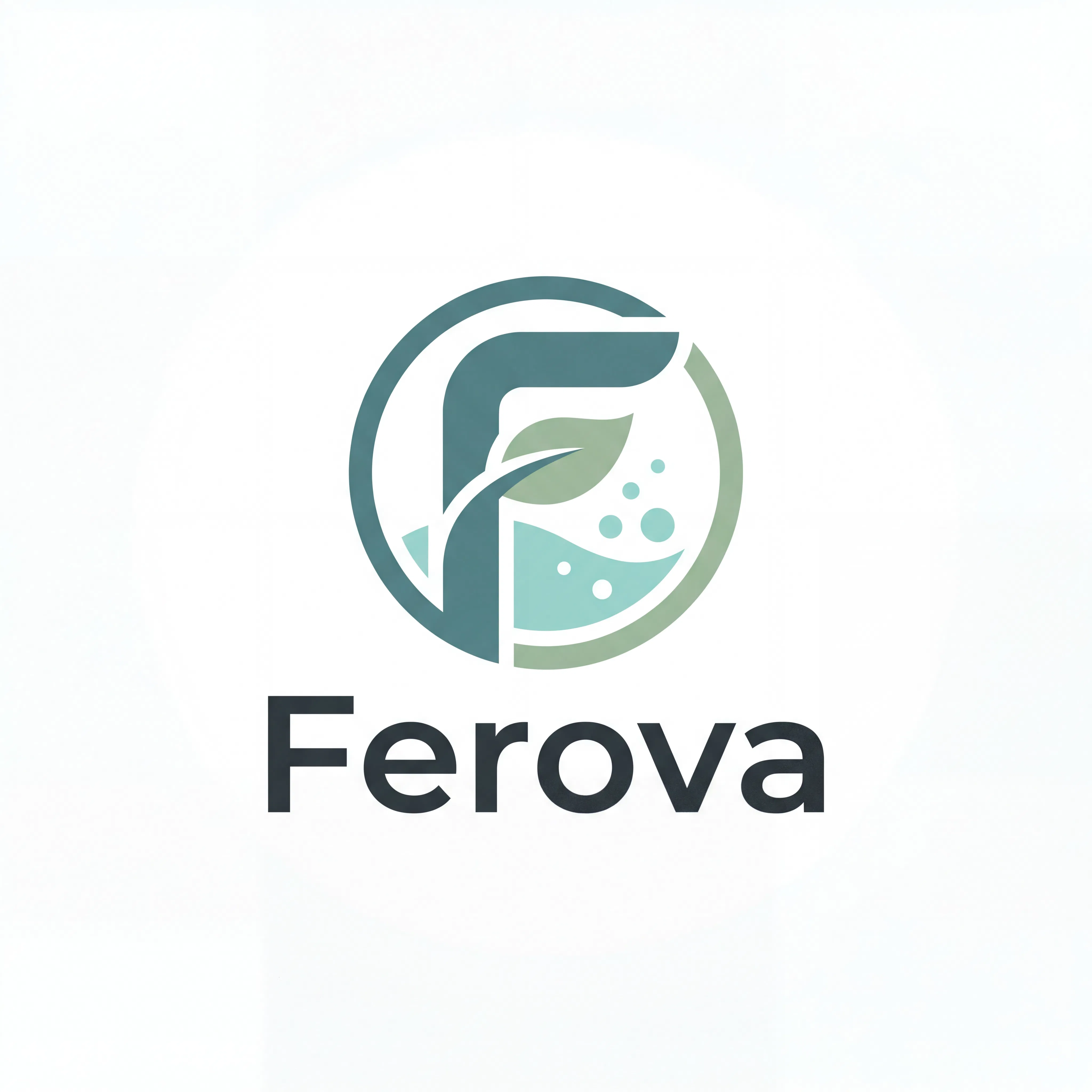 Generated Ferova logo featuring a stylized F with leaf and bubble elements inside a circle, in teal and sage green