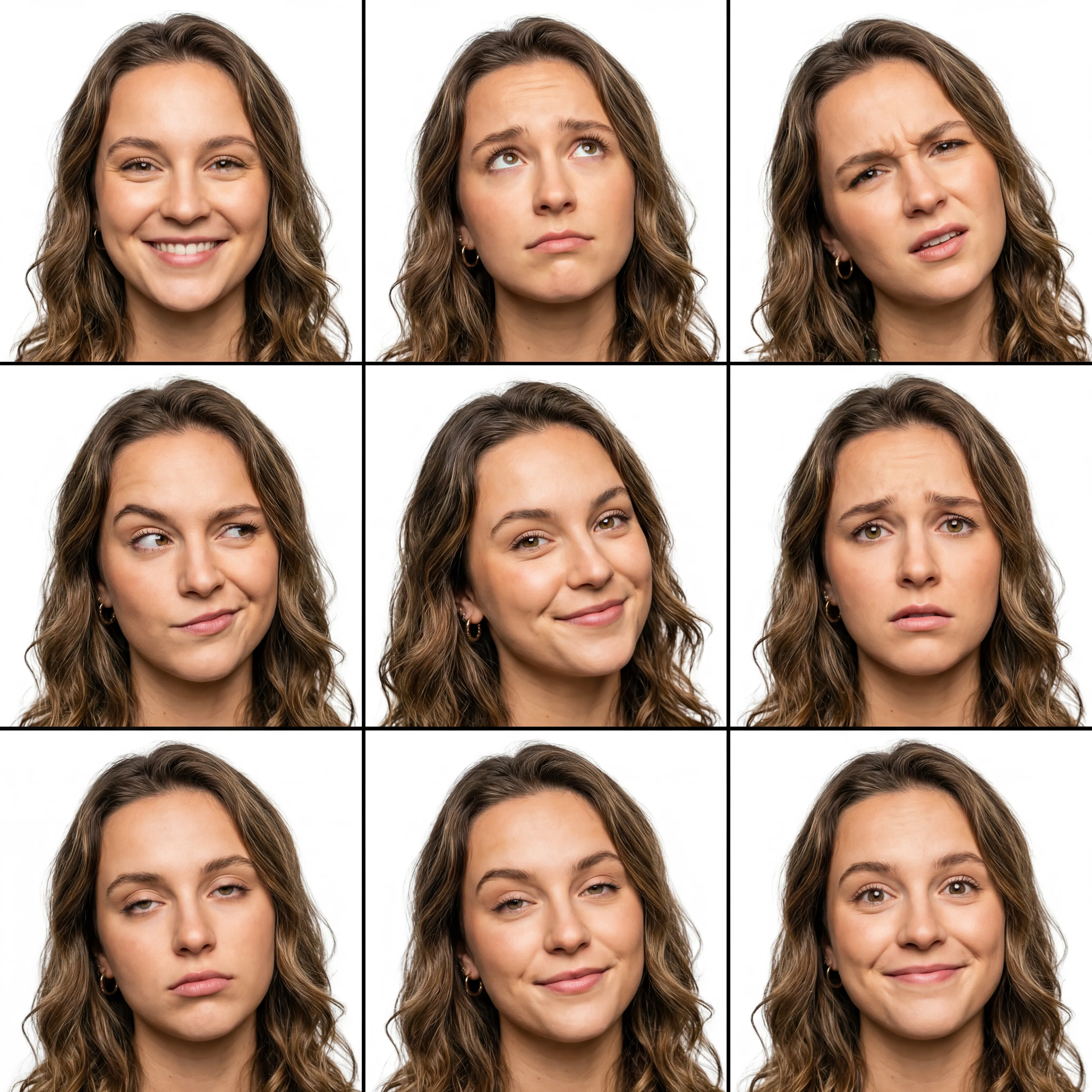 Generated expression sheet showing nine distinct facial expressions of the same woman arranged in a 3x3 grid on white backgrounds, displaying a range from smiling to concerned to contemplative