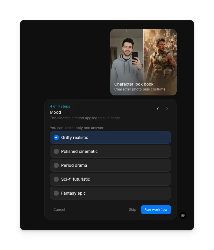 Mood selection showing radio buttons for Gritty realistic, Polished cinematic, Period drama, Sci-fi futuristic, and Fantasy epic with a Run workflow button