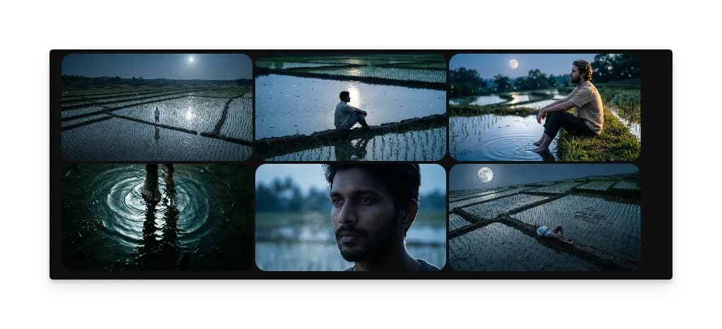 Generated six-panel cinematic storyboard showing a moonlit paddy field scene with varied shot angles including wide landscape, medium shots, a close-up portrait, and atmospheric compositions in cool blue tones