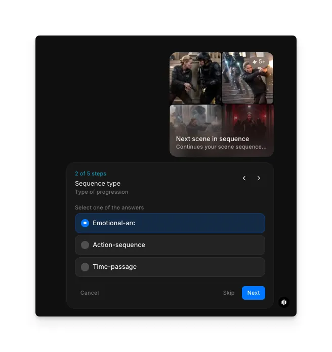 Sequence type selection showing radio buttons for Emotional-arc, Action-sequence, and Time-passage