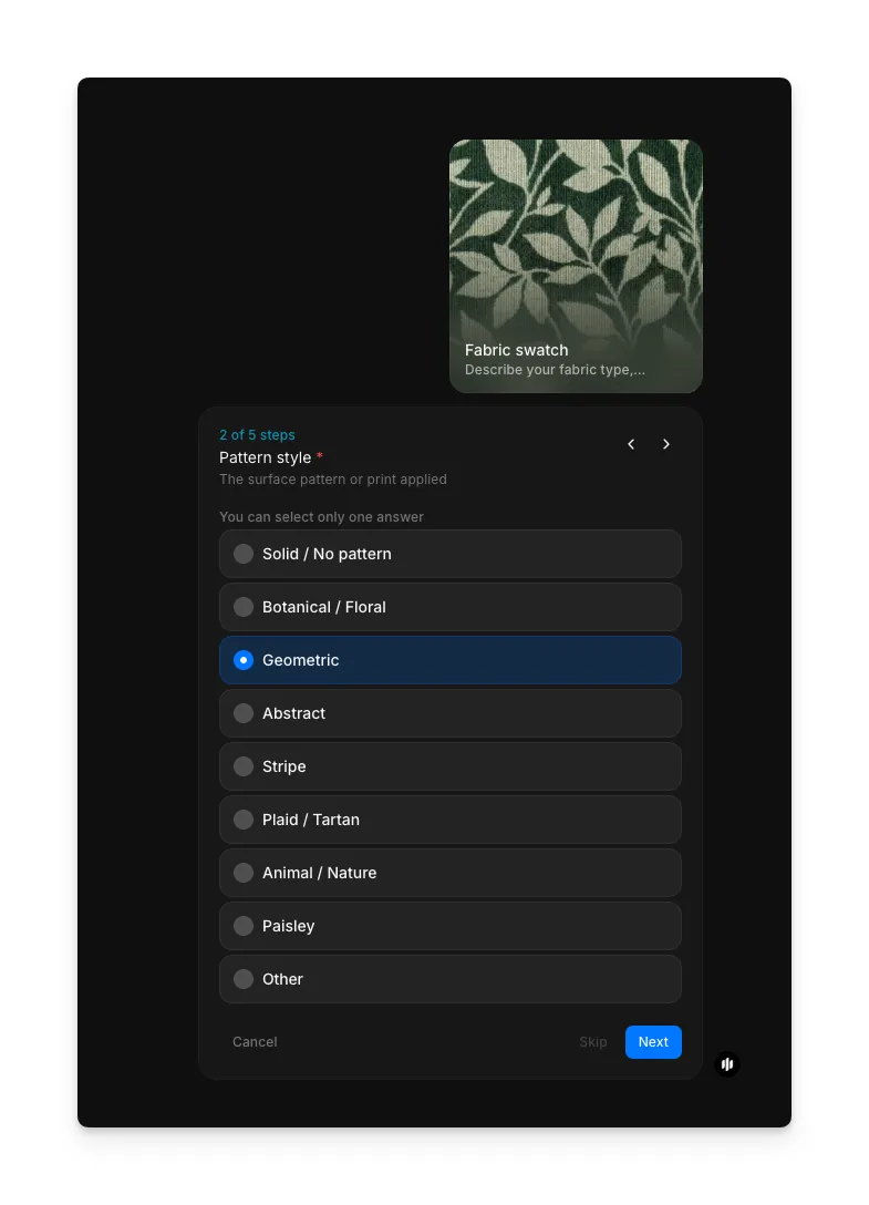Pattern style selection showing radio buttons for Solid / No pattern, Botanical / Floral, Geometric, Abstract, Stripe, Plaid / Tartan, Animal, Paisley, and Other