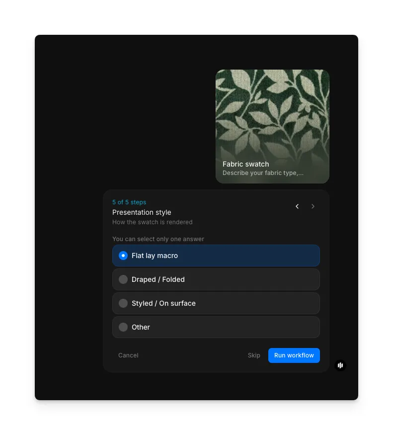 Presentation style selection showing radio buttons for Flat lay macro, Draped / Folded, Styled / On surface, and Other with a Run workflow button