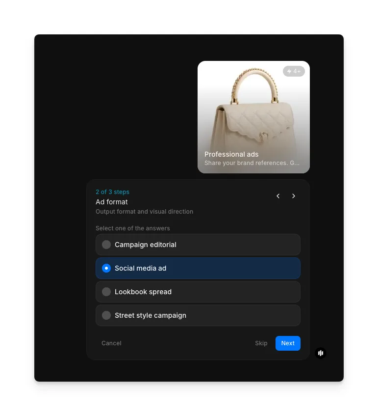 Ad format selection showing radio buttons for Campaign editorial, Social media ad, Lookbook spread, and Street style campaign