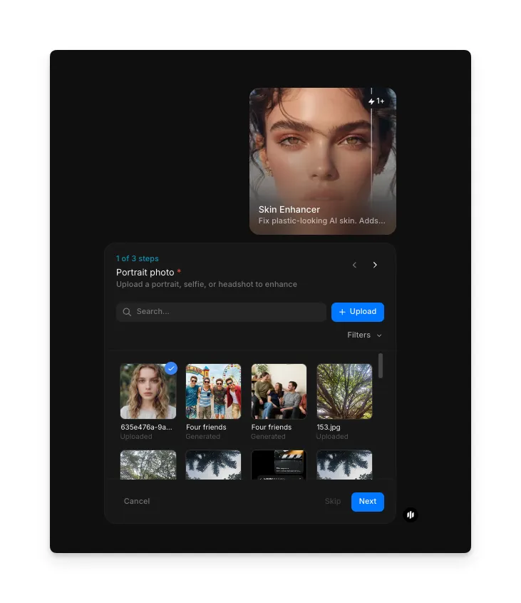 Skin Enhancer workflow step 1 showing the Portrait photo field with a searchable gallery of portrait images and an Upload button