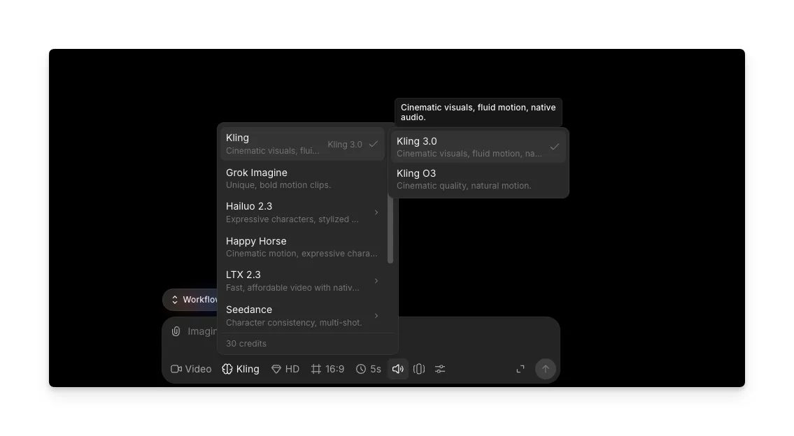 Selecting Kling 3.0 or Kling O3 from the model dropdown in Morphic