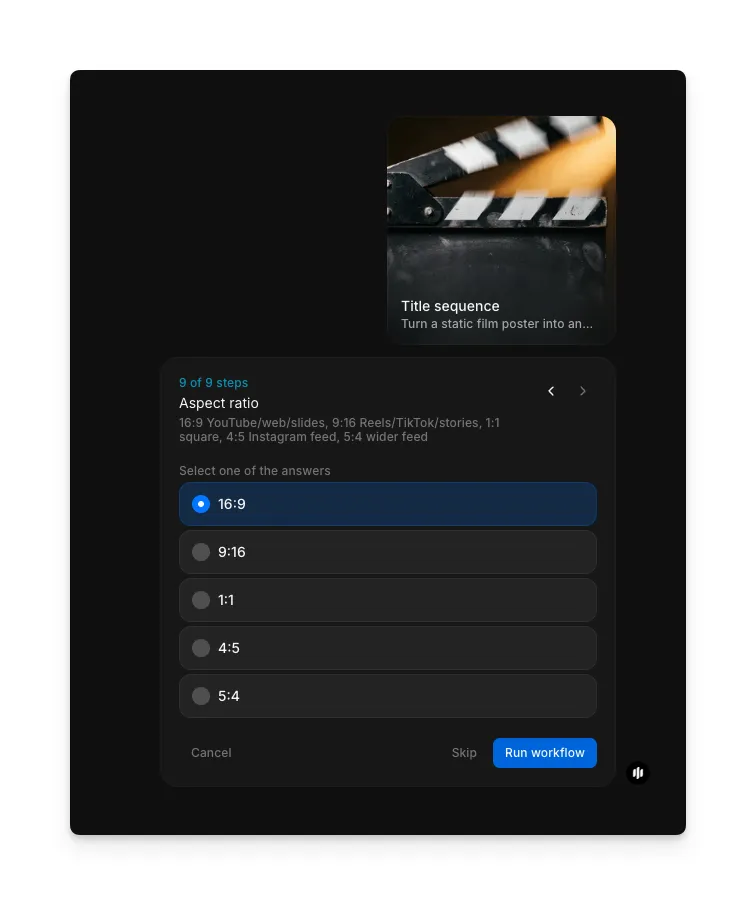 Aspect ratio selection showing radio buttons for 16:9, 9:16, 1:1, 4:5, and 5:4 with a Run workflow button