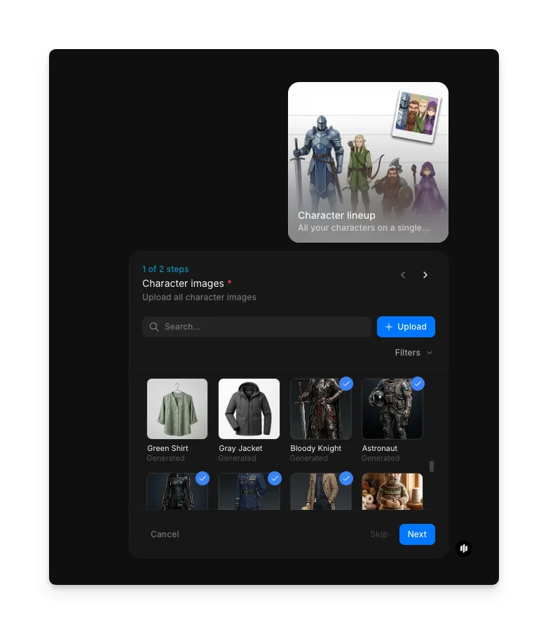 Character lineup workflow step 1 showing the Character images field with a searchable gallery of character references and an Upload button