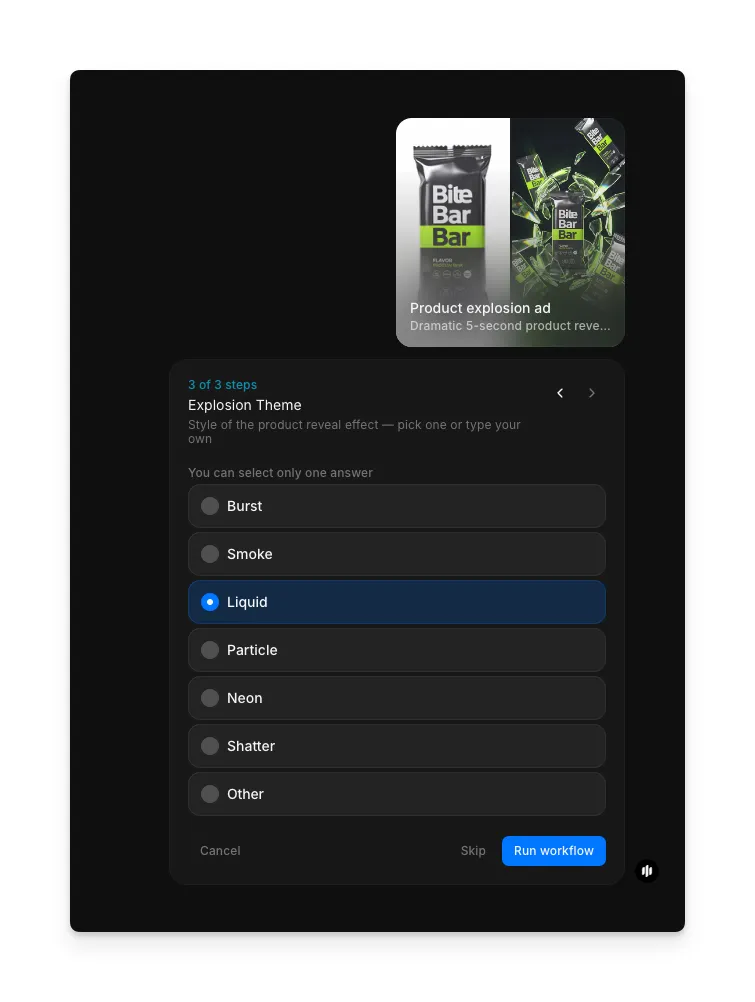 Product explosion ad workflow step 3 showing the Explosion Theme selector with burst, smoke, liquid, particle, neon, shatter, and other options
