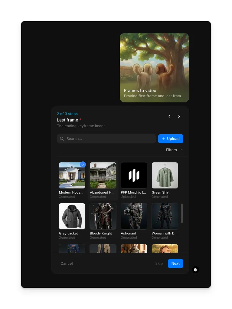 Last frame step showing a searchable gallery and Upload button