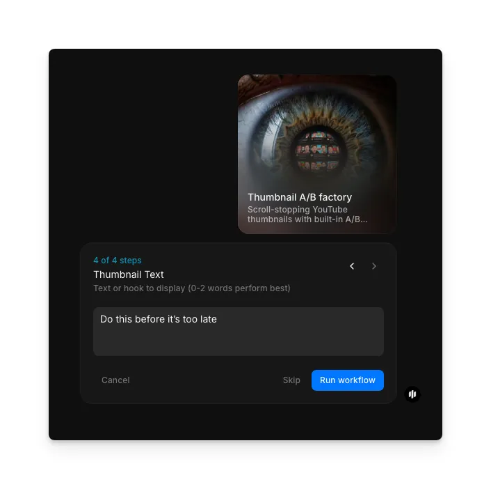 Thumbnail Text step showing a text field and Run workflow button