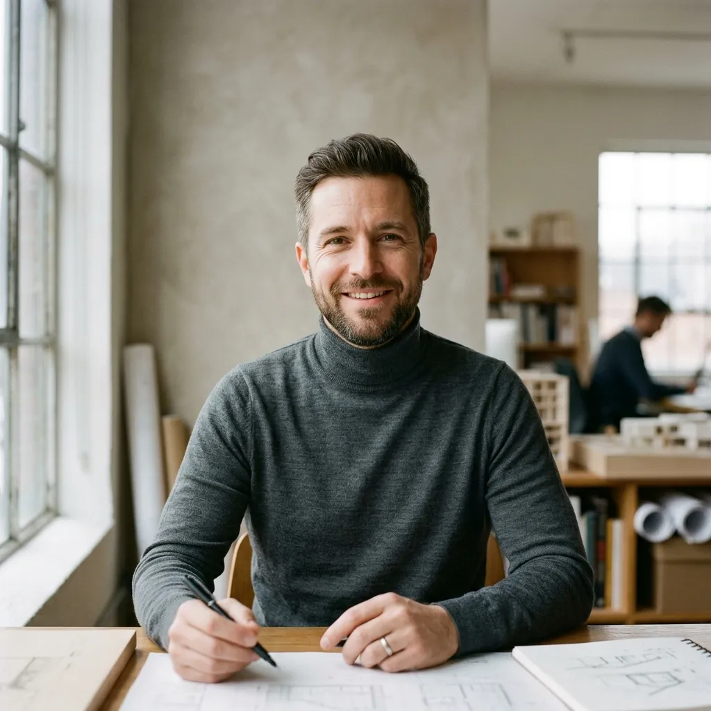 Nano Banana 2 photoreal portrait output: editorial headshot of a 35-year-old architect with natural window light and shallow depth of field