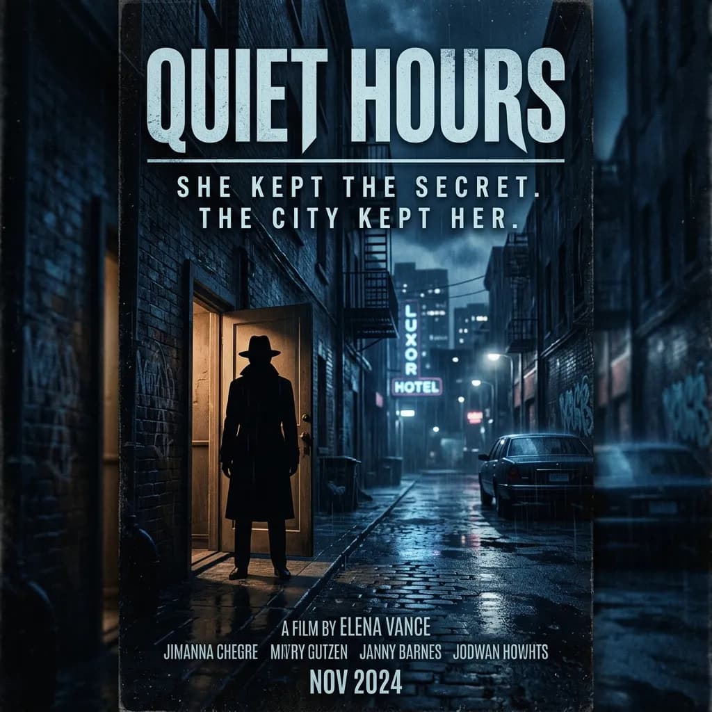 Nano Banana 2 text-heavy movie poster output: neo-noir poster for a film called Quiet Hours with title and tagline typography