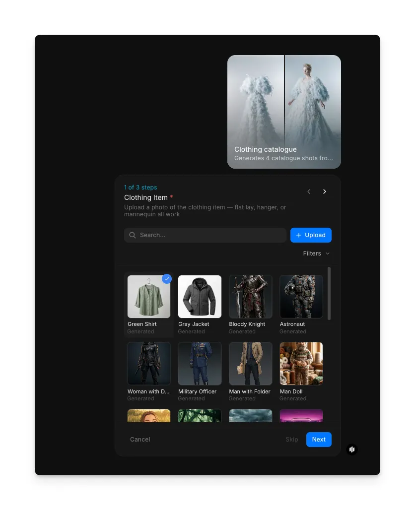 Clothing catalogue workflow step 1 showing the Clothing item field with a searchable gallery and an Upload button