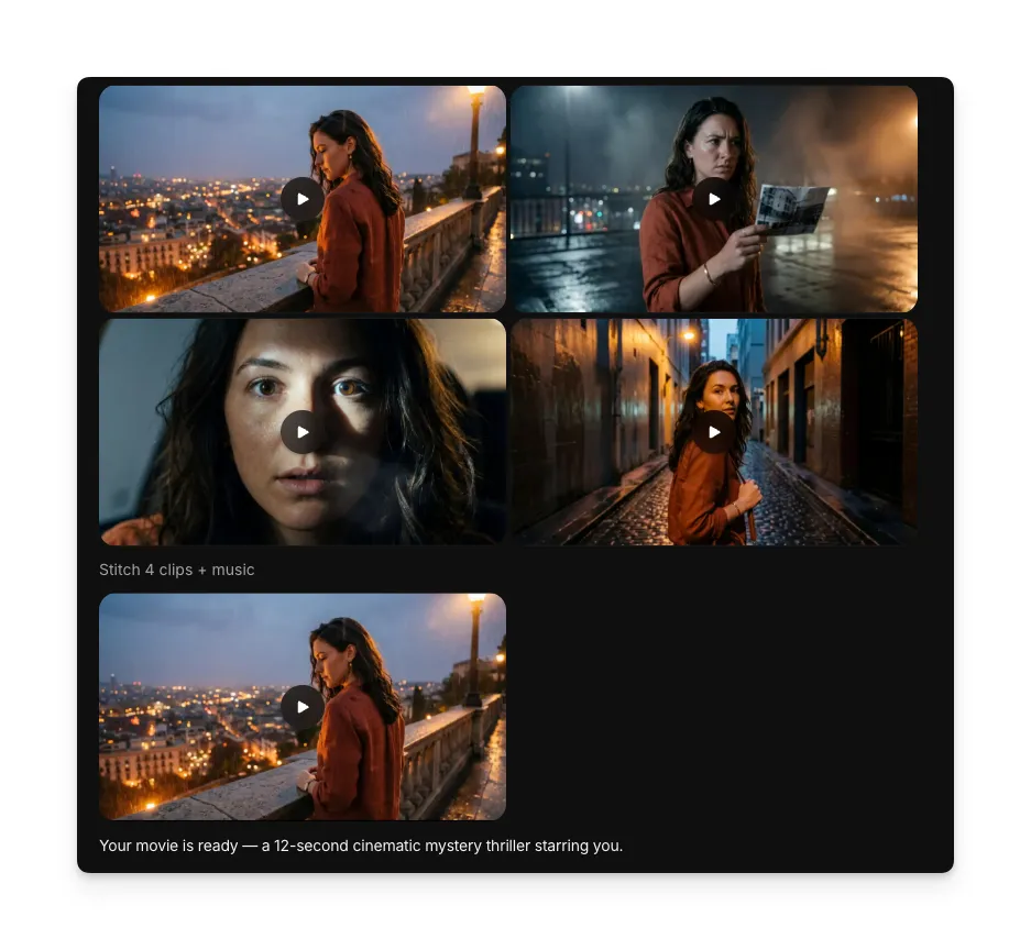 Grid of generated cinematic movie scenes featuring the uploaded photo