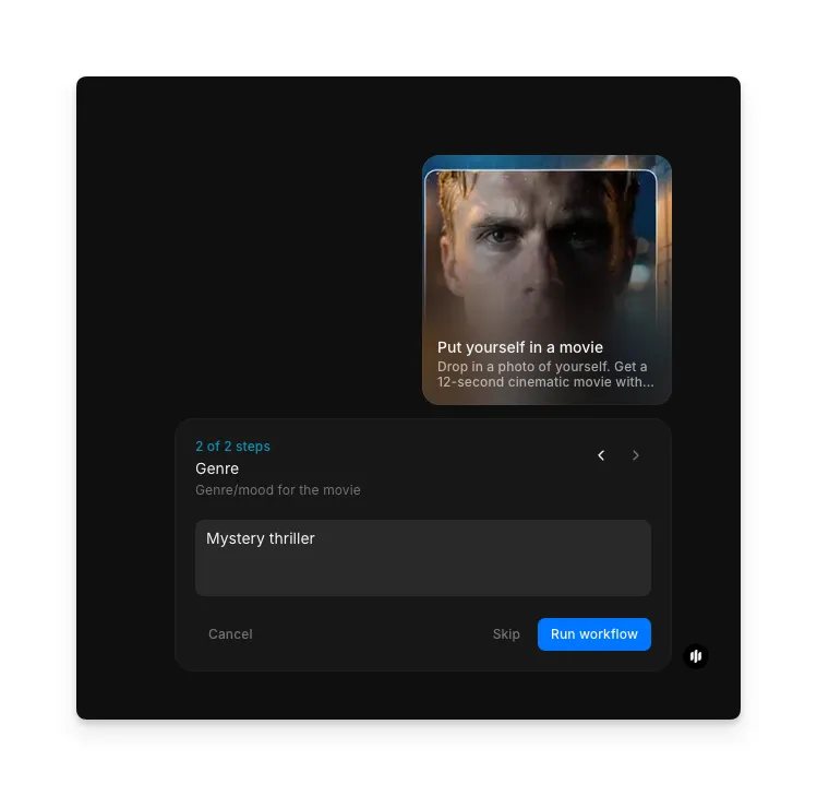 Genre step showing a text field with 'Mystery thriller' entered and a Run workflow button