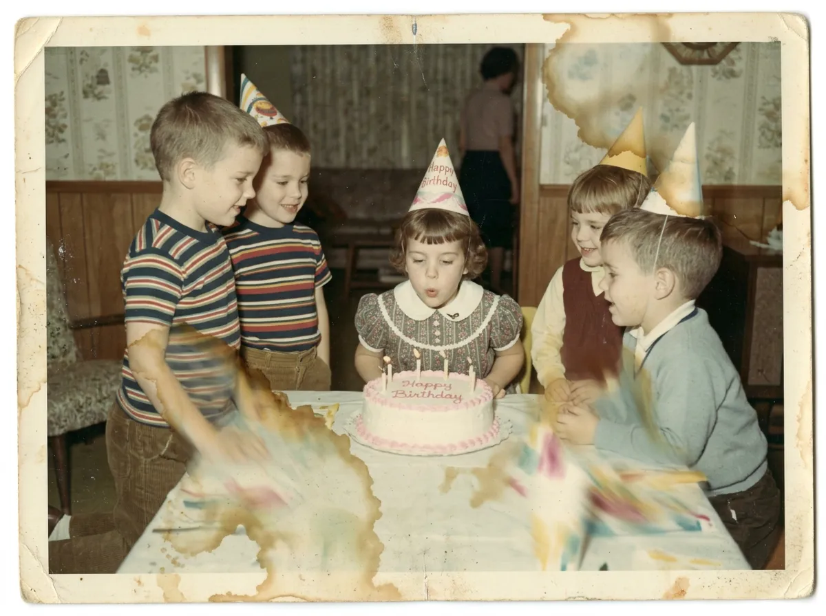 Original damaged photo with scratches, fading, and low resolution