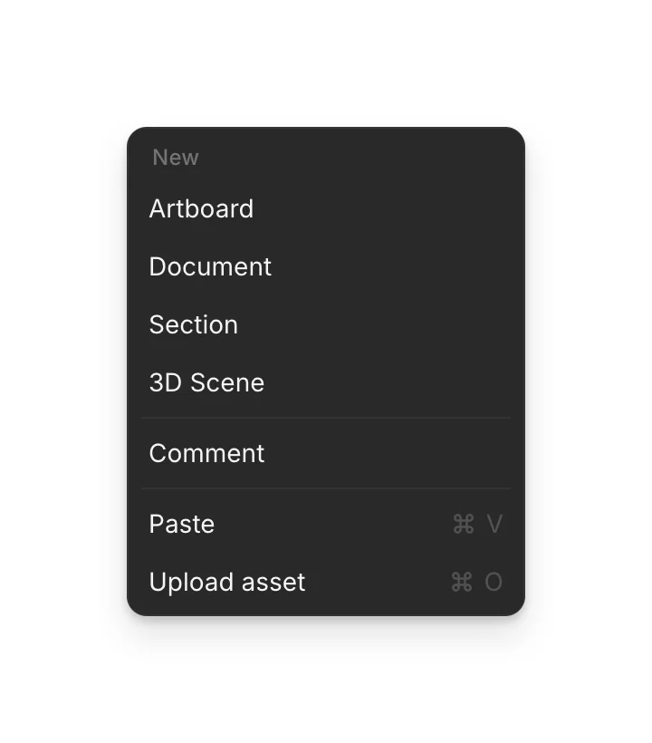 The right-click menu on an empty spot of the Canvas, with Artboard, Document, Section and 3D Scene under New