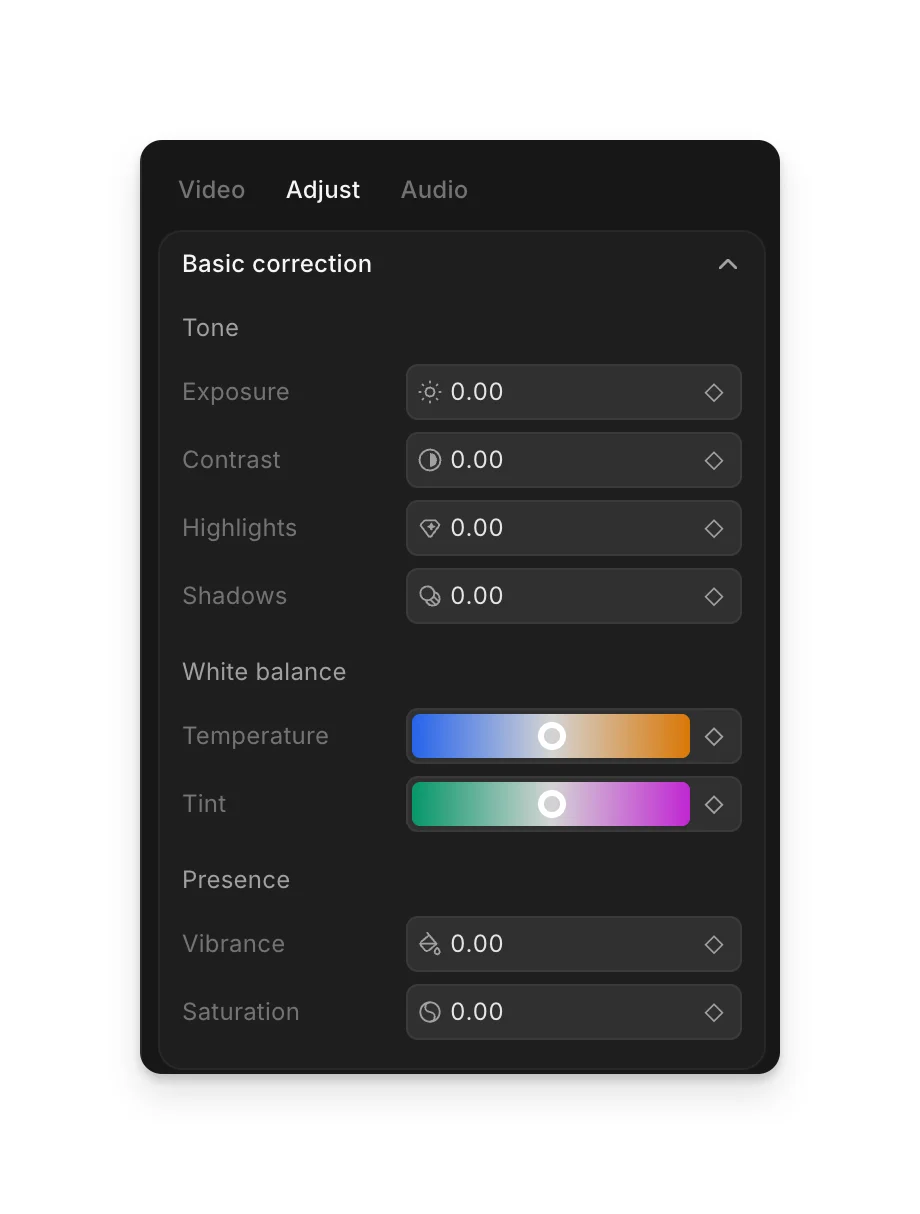 The 'Adjust' tab with 'Basic correction' open, showing the Tone, White balance and Presence settings
