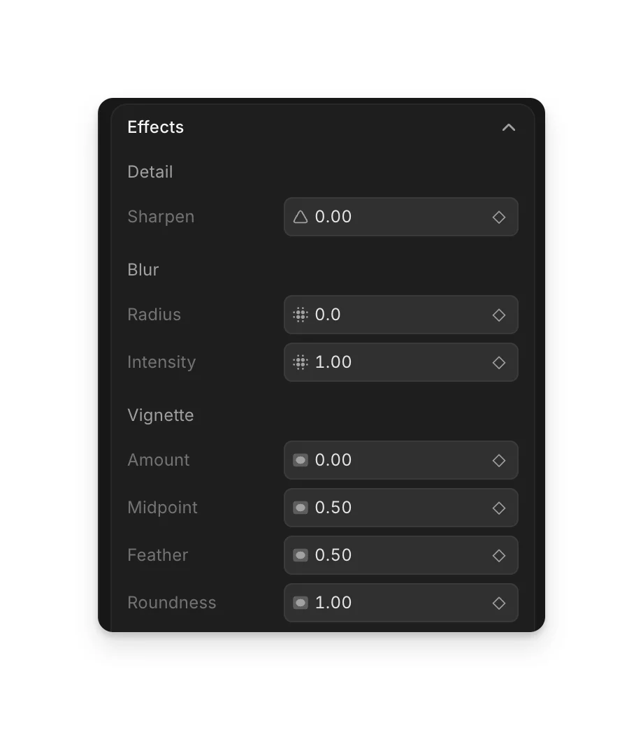 The 'Effects' section open, showing the Detail, Blur and Vignette settings, each with a keyframe diamond