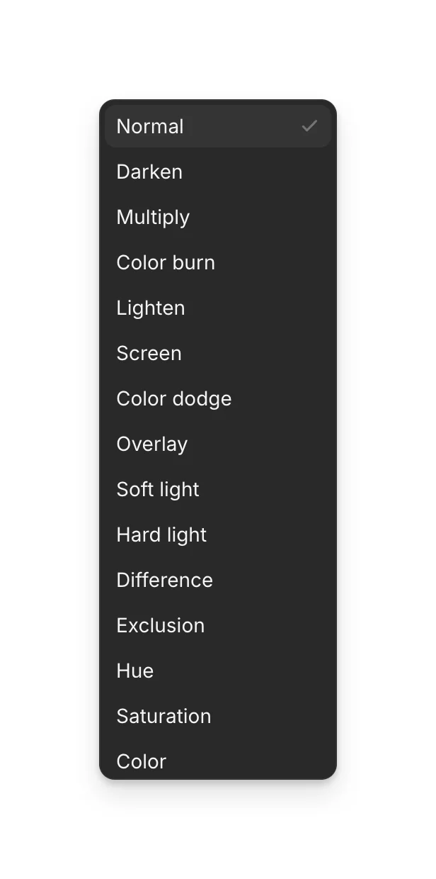 The Blend mode menu, from Normal, Darken and Multiply down to Hue, Saturation and Color