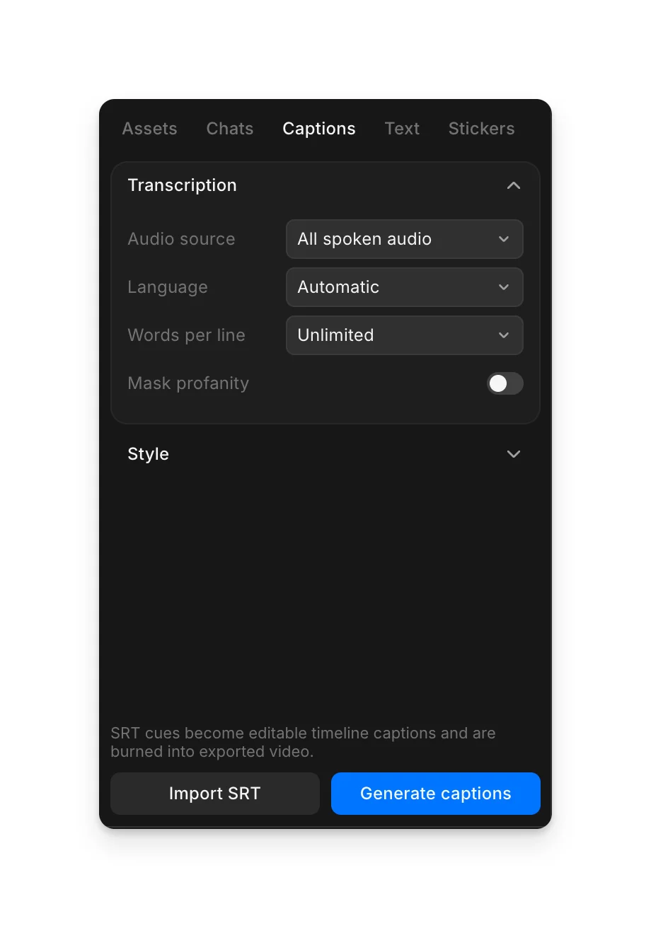 The 'Captions' tab: Transcription settings, with Import SRT and Generate captions buttons at the bottom