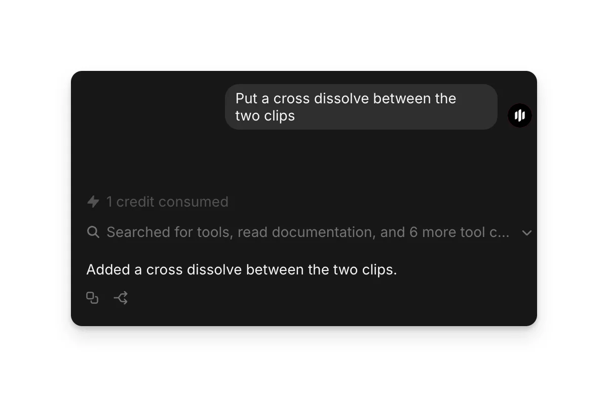 A Copilot reply in Compose: the request, '1 credit consumed', and 'Added a cross dissolve between the two clips.'