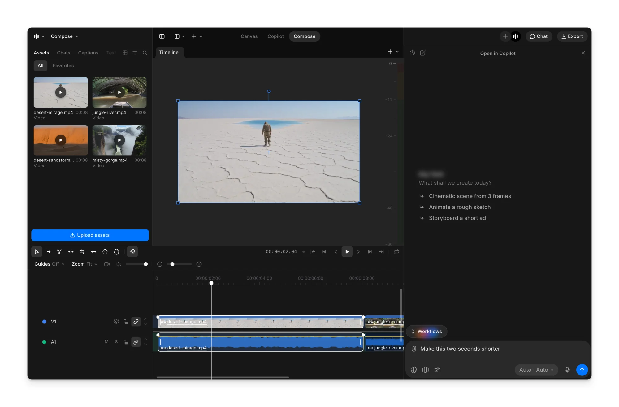 Compose with the first clip selected on the timeline and 'Make this two seconds shorter' typed in the Copilot prompt box