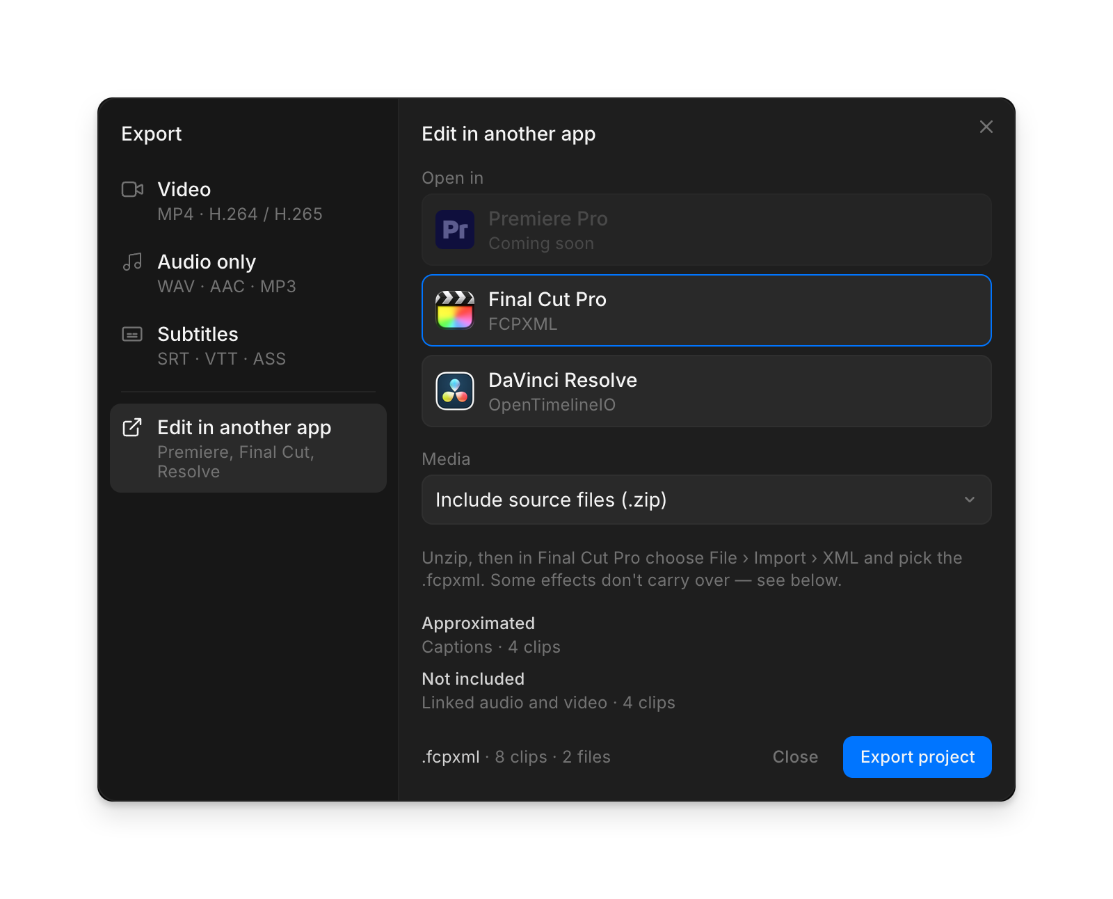 The 'Edit in another app' pane with Final Cut Pro selected, listing Captions under Approximated and Linked audio and video under Not included