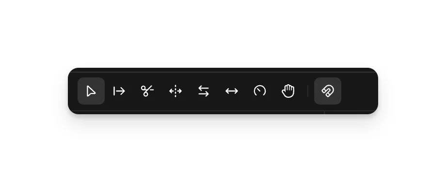 The editing tool bar in Compose: Selection, Select forward, Blade, Rolling trim, Slip, Slide, Speed and Hand, with Snapping on the right