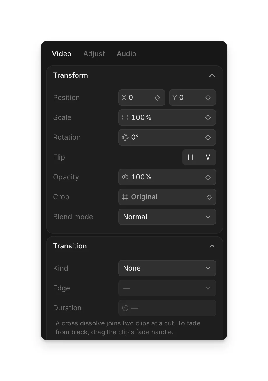 The right panel with a clip selected: Video, Adjust and Audio tabs, then Transform and Transition settings