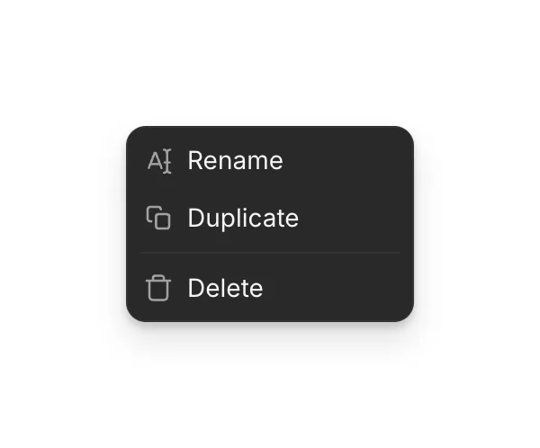 The menu on a timeline tab in Compose, with Rename, Duplicate and Delete