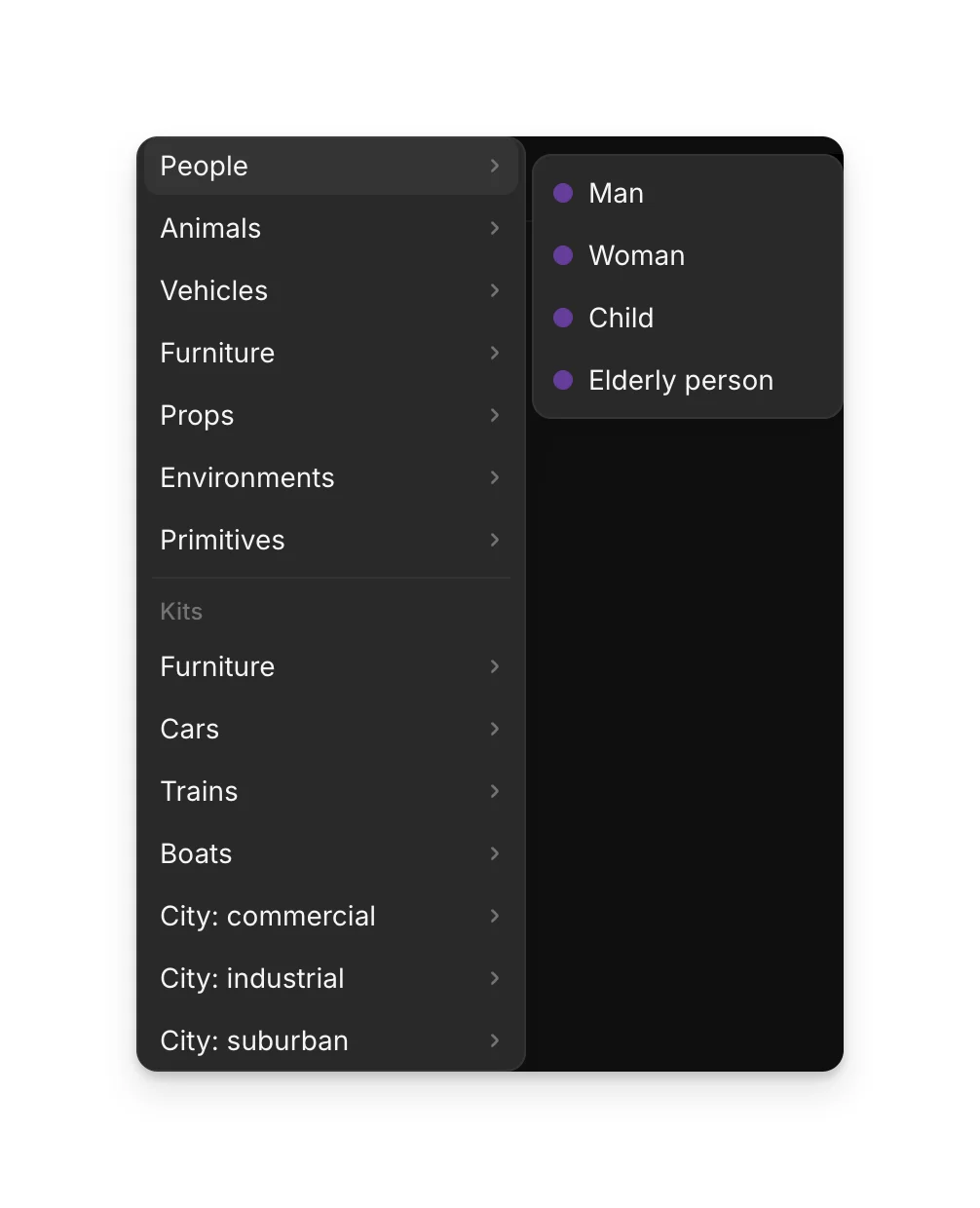 The Add object menu, with People open showing Man, Woman, Child and Elderly person