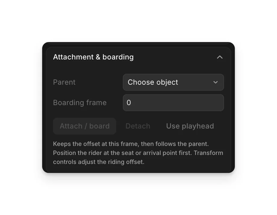 Attachment and boarding: Parent, Boarding frame, Attach / board, Detach and Use playhead